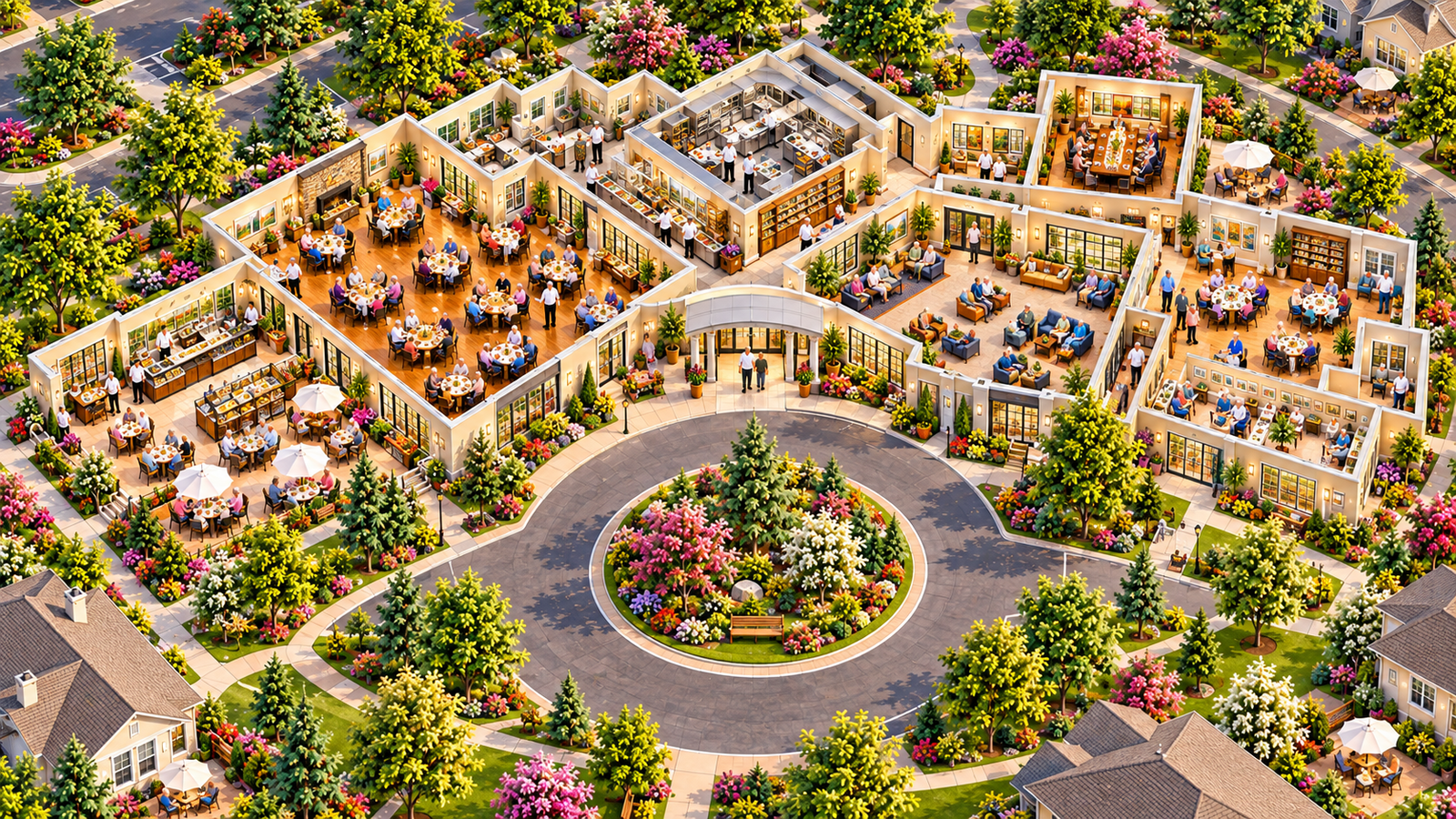 Illustrated cutaway of a senior-living community, with dining rooms, café and patio, kitchen and lounge