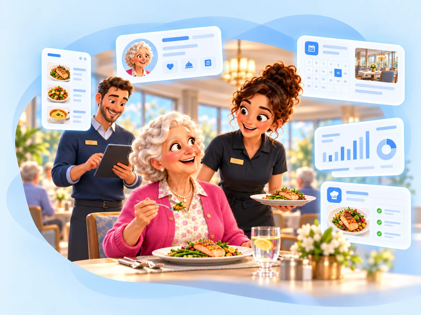 A resident enjoys a meal with two care-team members, surrounded by cards for menus, reservations, reporting, and dietary tracking.