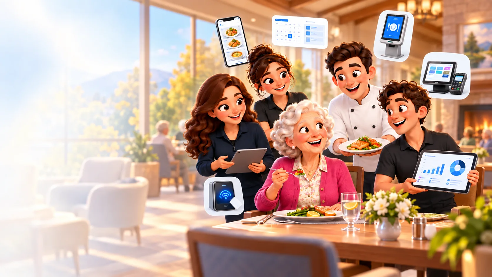 A senior living resident enjoys a meal with the Cardwatch service team, surrounded by ordering, point-of-sale, reservation, and reporting screens.