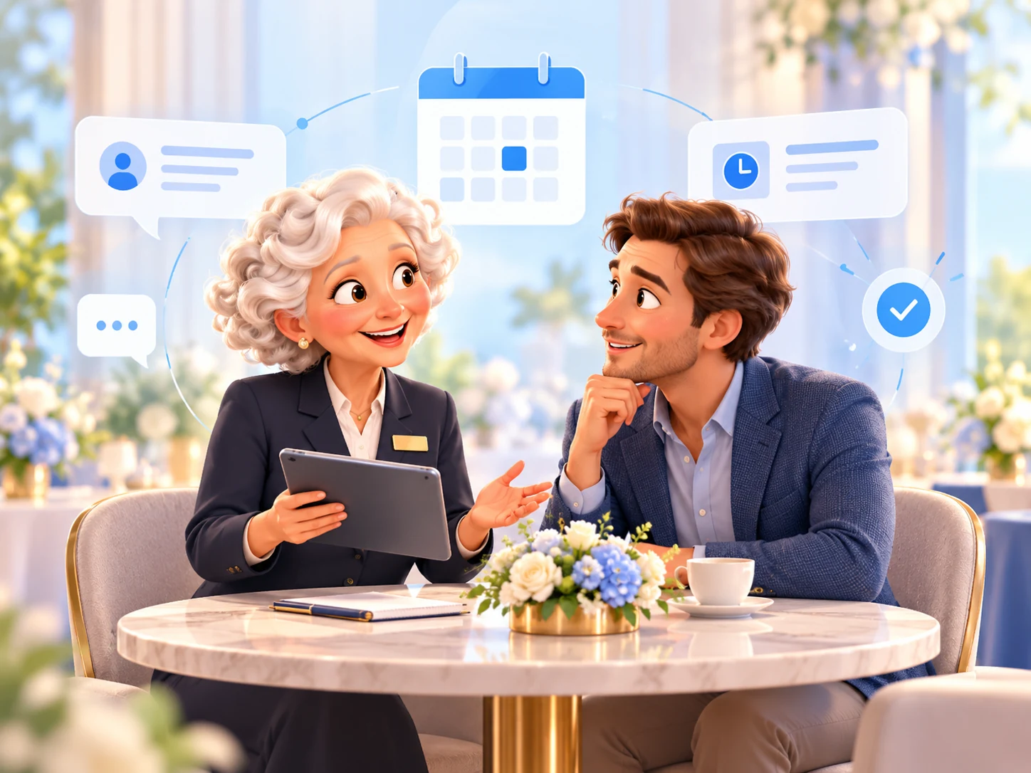 An older woman with a tablet discusses a demo with a man at a table, with scheduling and confirmation symbols above them.