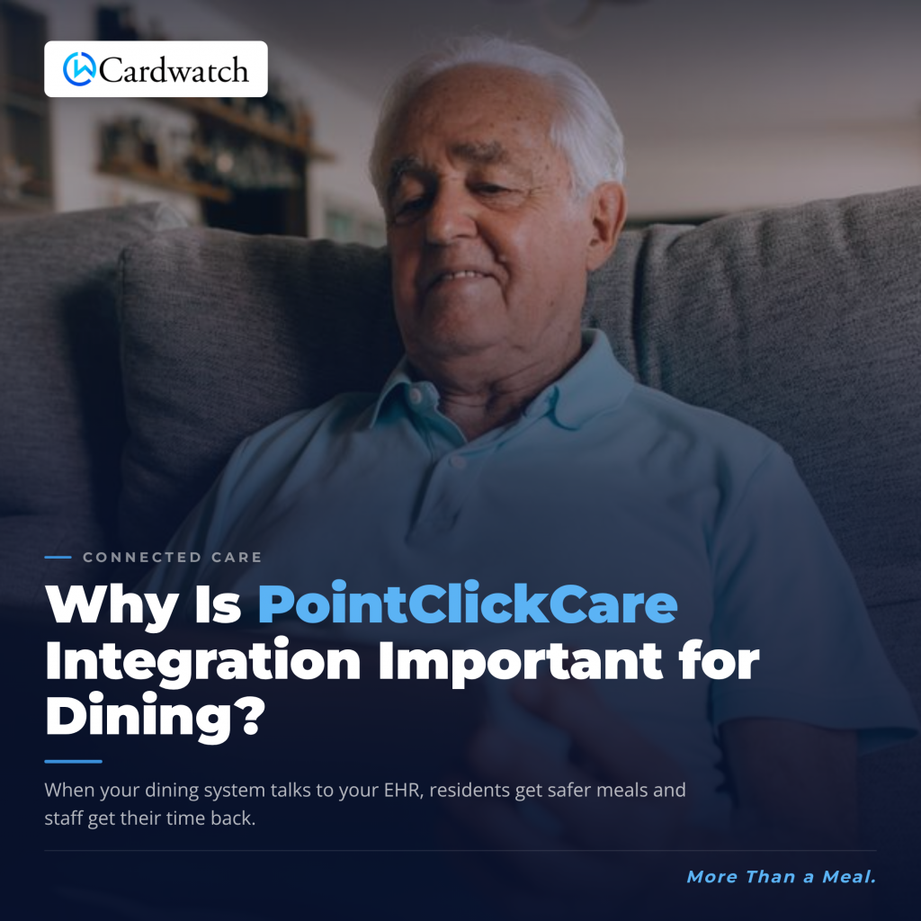 A smiling senior resident representing the benefits of PointClickCare integration for senior living dining and POS systems